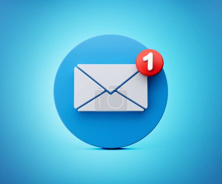 Icono del email del sobre blanco 3d con una nueva notificación del email en el icono azul redondeado, ilustración 3d