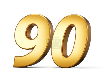 3D-Illustration der goldenen Zahl neunzig oder 90 isoliert auf weißem Hintergrund mit Schatten.