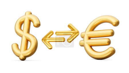 Foto de Icono de símbolo del dólar de oro 3d y euro con flechas de cambio de dinero en fondo blanco ilustración 3d - Imagen libre de derechos