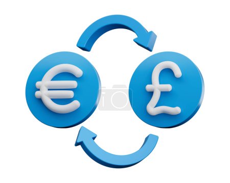 Téléchargez les photos : Euro blanc 3d et symbole de livre sur les icônes bleues arrondies avec des flèches de change, illustration 3d - en image libre de droit