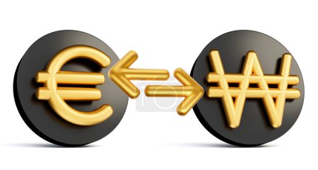 Téléchargez les photos : Euro doré 3d et symbole gagné sur les icônes noires arrondies avec des flèches de change, illustration 3d - en image libre de droit