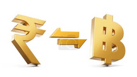 Téléchargez les photos : Icône de symbole de roupie dorée et de baht 3d avec des flèches de change sur fond blanc, illustration 3d - en image libre de droit
