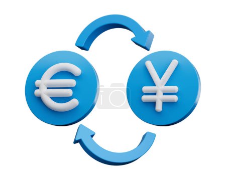 Foto de Símbolo blanco 3d del euro y del yen en los iconos azules redondeados con las flechas del cambio de dinero, ilustración 3d - Imagen libre de derechos