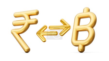 Téléchargez les photos : Icônes de symbole de roupie dorée et de baht 3d avec des flèches de change sur fond blanc Illustration 3d - en image libre de droit