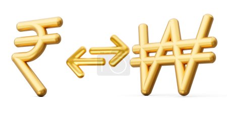 Téléchargez les photos : Icônes de symbole de roupie dorée et de victoire 3d avec des flèches d'échange d'argent sur fond blanc, illustration 3d - en image libre de droit