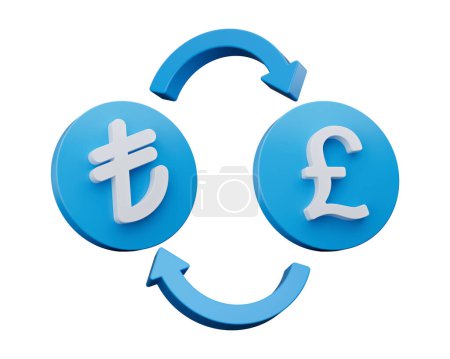 Foto de Lira blanca 3d y símbolo de la libra en iconos azules redondeados con flechas de cambio de dinero, ilustración 3d - Imagen libre de derechos