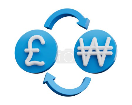 Foto de Símbolo blanco de la libra y del won 3d en los iconos azules redondeados con las flechas del cambio del dinero, ilustración 3d - Imagen libre de derechos