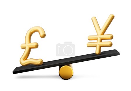 Photo for 3d Golden Pound And Yen Symbol Icons With 3d Black Balance Weight Seesaw, 3d illustration - Royalty Free Image