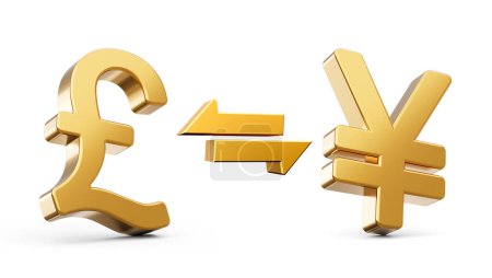 Foto de Iconos del símbolo de la libra de oro y del yen 3d con las flechas del cambio del dinero en el fondo blanco, ilustración 3d - Imagen libre de derechos