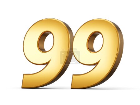 3d Shiny Gold Number 99, Neunundneunzig 3d Gold Number Isoliert auf weißem Hintergrund, 3d Illustration