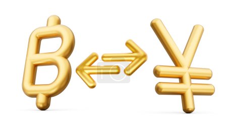Téléchargez les photos : Icônes de symbole de Baht et de Yen dorés 3d avec des flèches d'échange d'argent sur fond blanc, illustration 3d - en image libre de droit