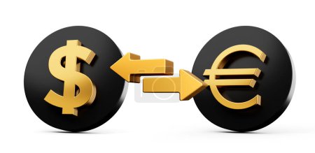 Foto de Símbolo del dólar de oro 3d y del euro en los iconos negros redondeados con las flechas del cambio del dinero, ilustración 3d - Imagen libre de derechos