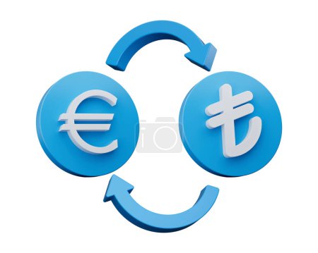 Téléchargez les photos : Symbole blanc 3d Euro Et Lira sur les icônes bleues arrondies avec des flèches de change, illustration 3d - en image libre de droit