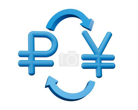 Téléchargez les photos : Icônes de symbole de rouble bleu 3d et de yen avec des flèches d'échange de monnaie sur fond blanc, illustration 3d - en image libre de droit