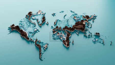 Téléchargez les photos : Carte du monde 3d Carte du monde topographique isolée sur fond bleu ciel, illustration 3d - en image libre de droit