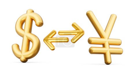 Téléchargez les photos : Icônes de symbole de dollar d'or et de yen 3d avec des flèches d'échange d'argent sur fond blanc Illustration 3d - en image libre de droit