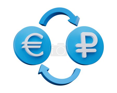 Foto de Símbolo blanco del euro y del rublo 3d en los iconos azules redondeados con las flechas del cambio del dinero, ilustración 3d - Imagen libre de derechos