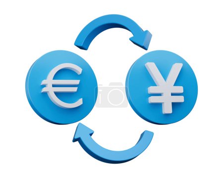 Foto de Símbolo blanco 3d del euro y del yen en los iconos azules redondeados con las flechas del cambio de dinero, ilustración 3d - Imagen libre de derechos