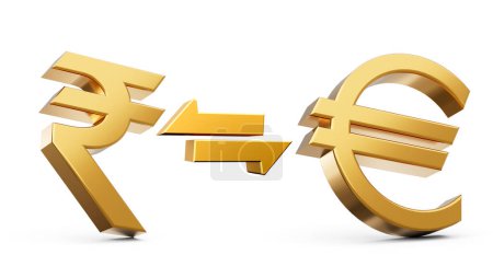 Téléchargez les photos : Icônes de symbole de roupie dorée et d'euro 3d avec des flèches de change sur fond blanc Illustration 3d - en image libre de droit