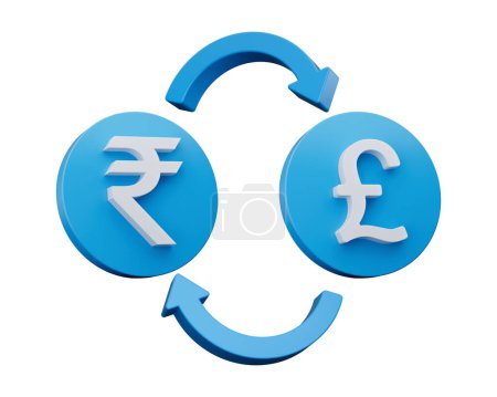 Foto de Rupia blanca 3d y símbolo de la libra en iconos azules redondeados con flechas de cambio de dinero, ilustración 3d - Imagen libre de derechos