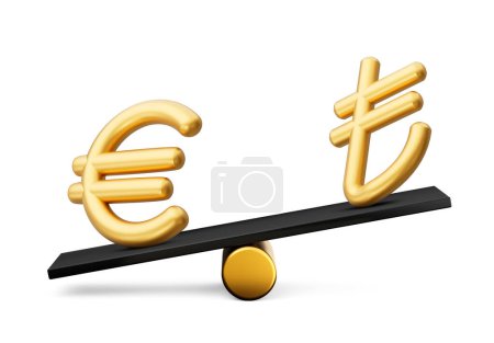 Photo for 3d Golden Euro And Lira Symbol Icons With 3d Black Balance Weight Seesaw, 3d illustration - Royalty Free Image