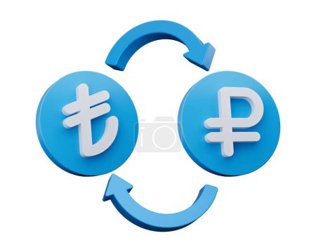 Téléchargez les photos : Symbole blanc 3d et rouble sur les icônes bleues arrondies avec des flèches de change, illustration 3d - en image libre de droit