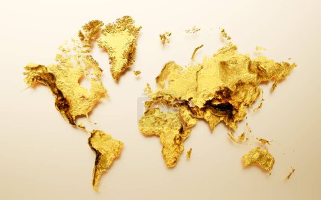 Téléchargez les photos : Carte du monde 3d Golden Shiny Carte hypsométrique en métal doré, fond flou en or doux, illustration 3d - en image libre de droit