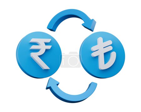 Foto de Rupia india y símbolo de Lira en iconos azules redondeados con flechas de cambio de dinero, ilustración 3d - Imagen libre de derechos