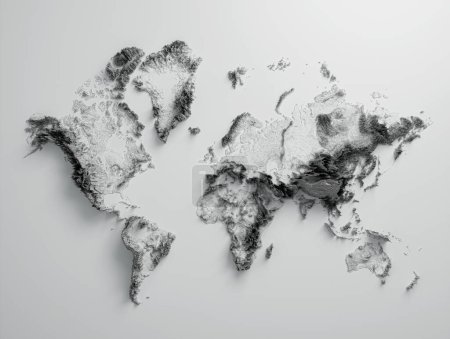 Foto de Mapa del mundo 3d en blanco y negro relieve sombreado mapa hipsométrico sobre fondo blanco, ilustración 3d - Imagen libre de derechos