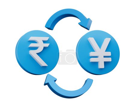 Téléchargez les photos : Symbole de roupie blanche et de yen 3d sur des icônes bleues arrondies avec des flèches de change, illustration 3d - en image libre de droit