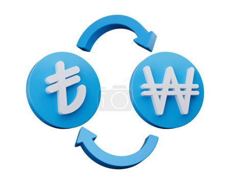 Téléchargez les photos : Symbole blanc 3d et gagné sur des icônes bleues arrondies avec des flèches de change, illustration 3d - en image libre de droit
