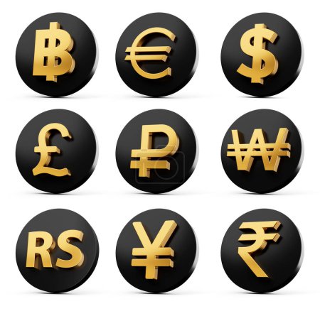 Téléchargez les photos : Ensemble 3d de neuf icônes noires arrondies avec des symboles de monnaie d'or sur fond blanc, illustration 3d - en image libre de droit