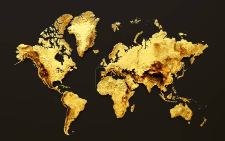 Téléchargez les photos : Carte du monde 3d Golden Shiny Carte hypsométrique en métal doré sur fond noir, illustration 3d - en image libre de droit