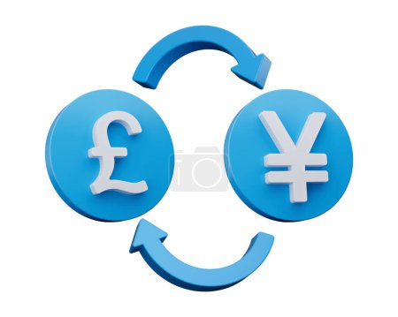 Téléchargez les photos : Symbole de Livre Blanche et de Yen 3d sur des icônes bleues arrondies avec des flèches de change, illustration 3d - en image libre de droit