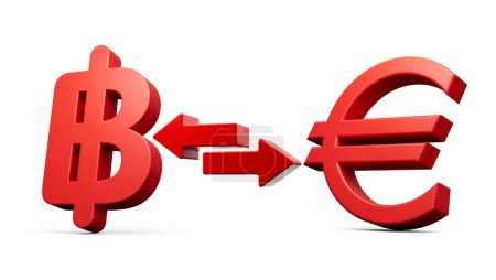 Foto de Iconos rojos 3d del símbolo del baht y del euro con las flechas del cambio del dinero en el fondo blanco Ilustración 3d - Imagen libre de derechos