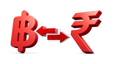 Foto de Iconos rojos 3d del símbolo de Baht y de la rupia con las flechas del cambio del dinero en el fondo blanco Ilustración 3d - Imagen libre de derechos