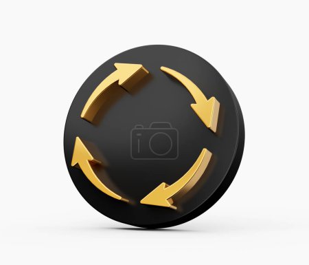 Téléchargez les photos : Symbole de recyclage de quatre flèches dorées 3d avec icône noire arrondie sur fond blanc Illustration 3d - en image libre de droit