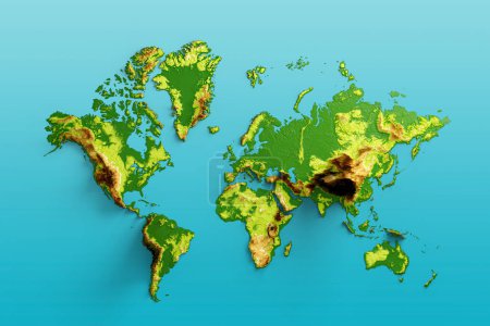 Téléchargez les photos : Carte du monde 3d Carte hypsométrique en relief ombragé isolé sur fond bleu marin, illustration 3d - en image libre de droit