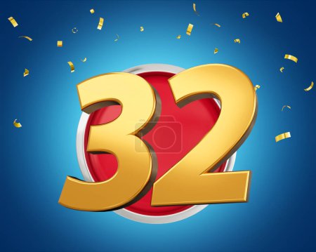 Goldene Zahl 32 Goldene Zahl zweiunddreißig auf gerundetem rotem Symbol mit Teilchen, 3D-Illustration