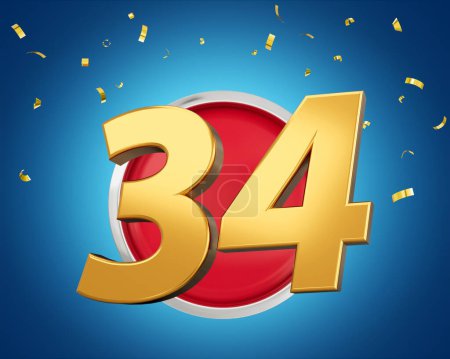 Gold Number 34 Gold Number Thirty Four On Rounded Red Icon with Particles, 3d illustration