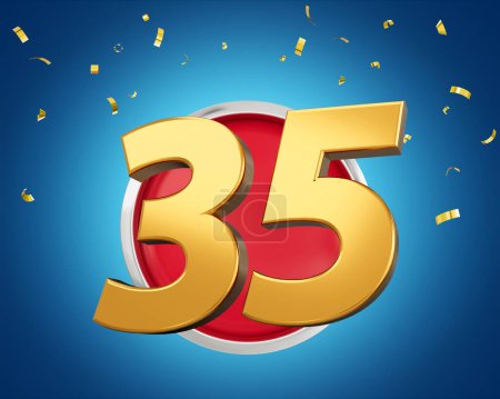 Gold Number 35 Gold Number Thirty Five On Rounded Red Icon with Particles, 3d illustration