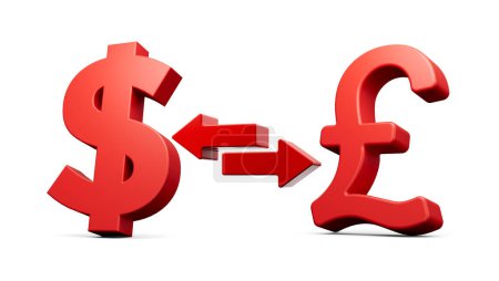 Foto de Iconos del símbolo del dólar rojo y de la libra 3d con las flechas del cambio del dinero en fondo blanco Ilustración 3d - Imagen libre de derechos