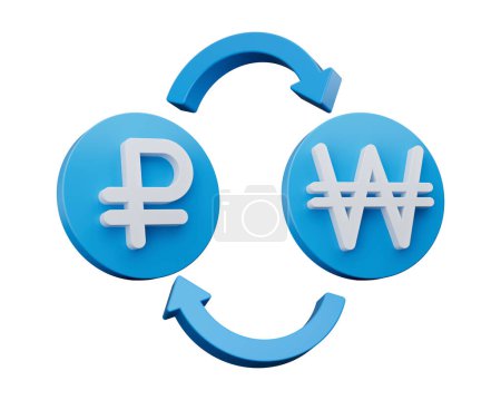 Téléchargez les photos : Symbole blanc 3d rouble et gagné sur les icônes bleues arrondies avec des flèches de change, illustration 3d - en image libre de droit