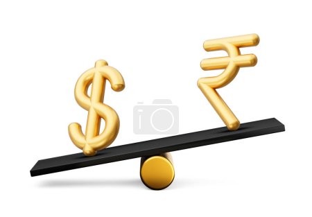 Photo for 3d Golden Dollar And Rupee Symbol Icons With 3d Black Balance Weight Seesaw, 3d illustration - Royalty Free Image