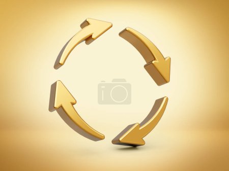 Téléchargez les photos : 3d Golden Recycle Icône Symbole 3d Quatre flèches de rotation d'or sur fond doré Illustration 3d - en image libre de droit