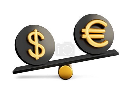 Photo for 3d Golden Dollar And Euro Symbol On Rounded Black Icon With 3d Balance Weight Seesaw 3d illustration - Royalty Free Image