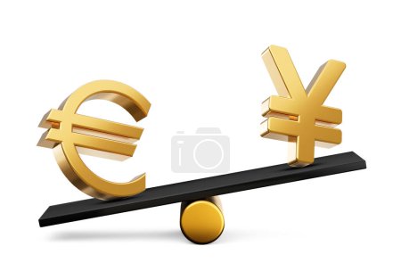 Photo for 3d Golden Euro And Yen Symbol Icons With 3d Black Balance Weight Seesaw, 3d illustration - Royalty Free Image