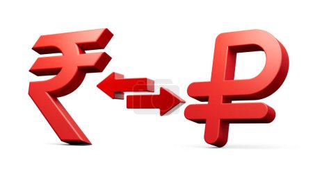 Foto de Iconos rojos 3d del símbolo de la rupia y del rublo con las flechas del cambio del dinero en fondo blanco Ilustración 3d - Imagen libre de derechos