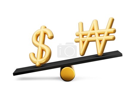 Photo for 3d Golden Dollar And Won Symbol Icons With 3d Black Balance Weight Seesaw, 3d illustration - Royalty Free Image