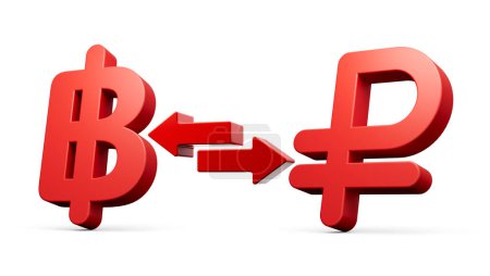 Foto de Iconos rojos 3d del símbolo del baht y del rublo con las flechas del cambio del dinero en el fondo blanco Ilustración 3d - Imagen libre de derechos